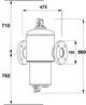 Zeichnung eines flanschnahen Abscheiders mit zwei Anschlüssen. Das Gerät ist in vertikaler Ausrichtung dargestellt und gehört zu den Produkten von IMI Hydronic Engineering.